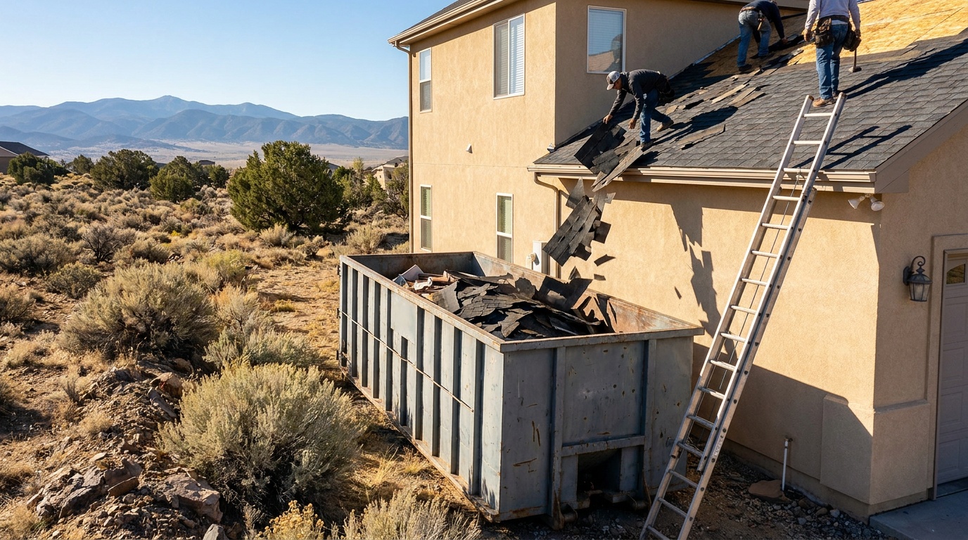 Roofing dumpster during a tear-off in San Diego